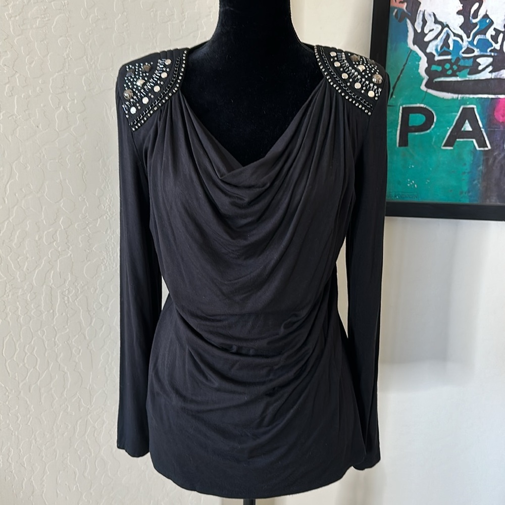 Sophisticated RXB Black Slouch Neck With Embellished Shoulders Top Size L